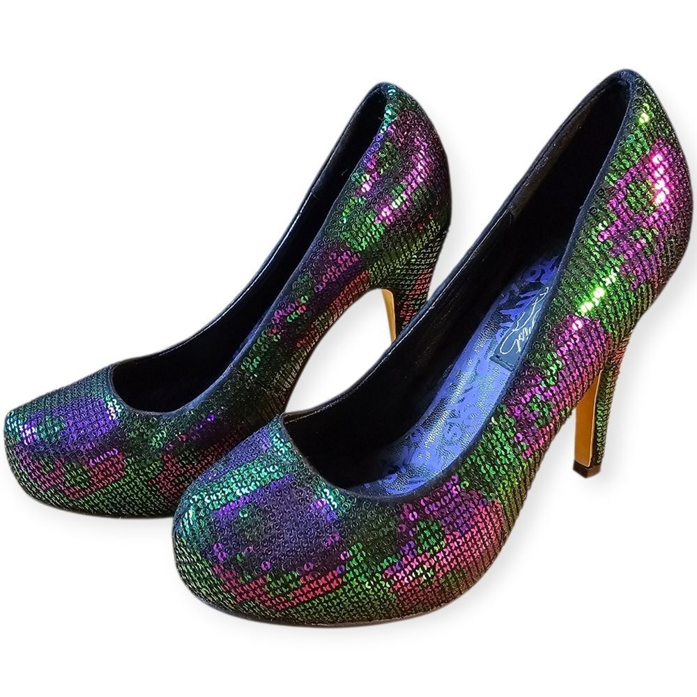 💀✨ Iron Fist Digiskull Platform Pumps – Green & Purple Sequin | Size 38 (US 7.5